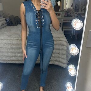 Denim Lace-Up Jumpsuit size Medium used in good condition